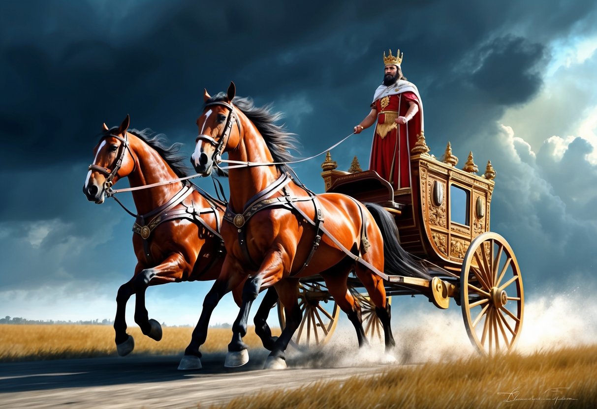 A majestic chariot drawn by two powerful horses charging forward amidst a stormy sky, with a crowned figure standing tall at the helm