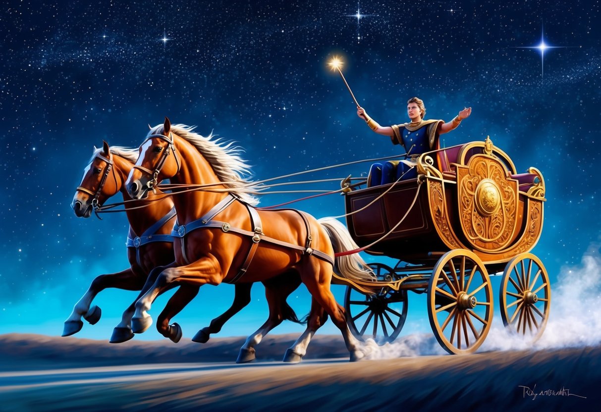 A majestic chariot, pulled by two powerful horses, races across a starry night sky, guided by a determined figure holding a wand and reins