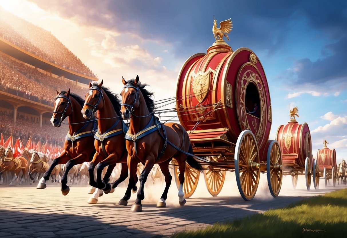 A majestic chariot, pulled by powerful horses, charges forward through a victorious procession