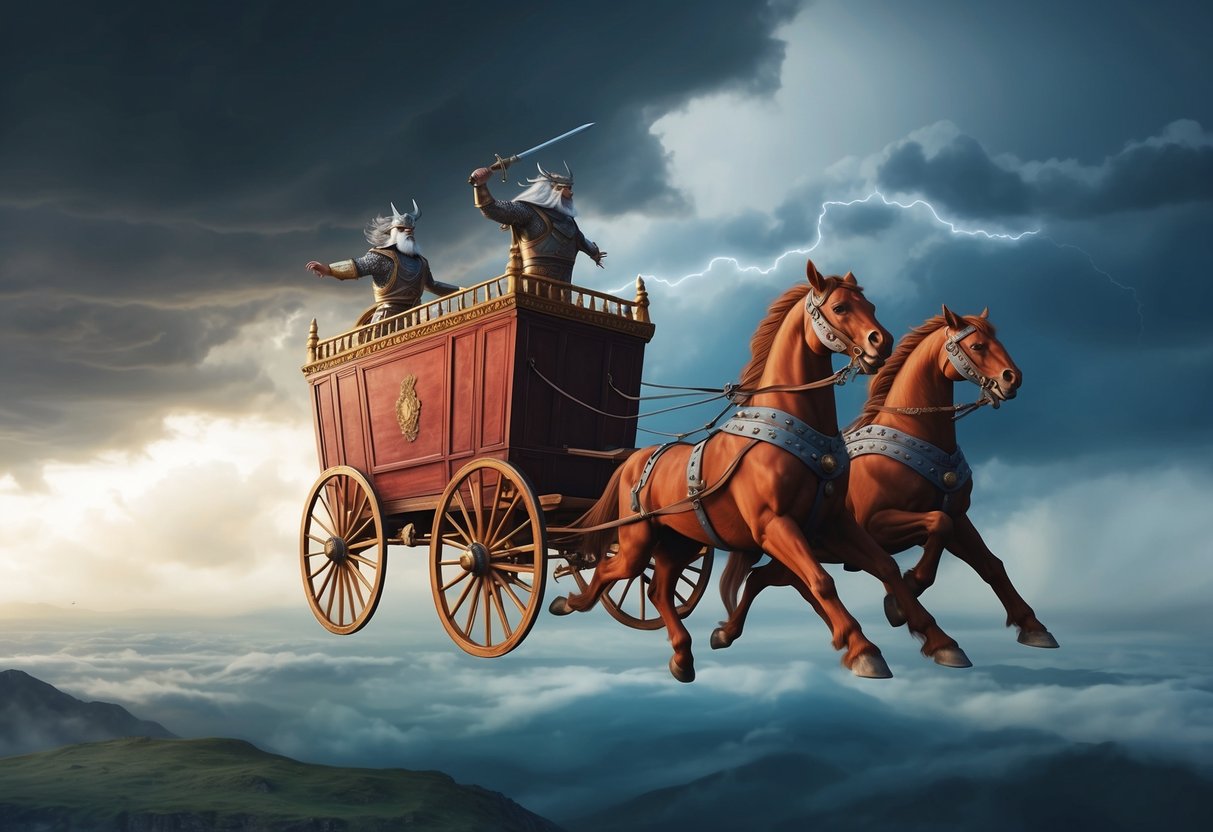 A chariot flying backwards through a stormy sky, pulled by two opposing mythical creatures