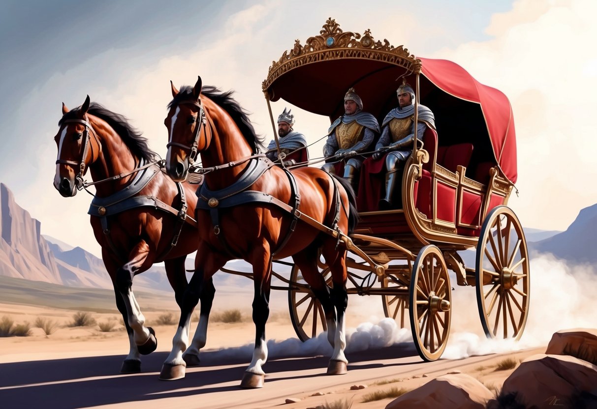 A regal chariot pulled by two powerful horses, moving forward with determination and confidence