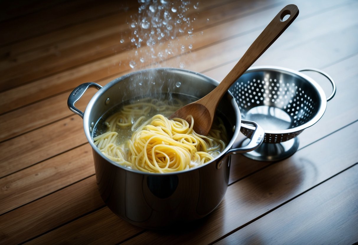 En kastrull med kokande vatten med pasta inuti, en träsked och en sil för att hälla av.