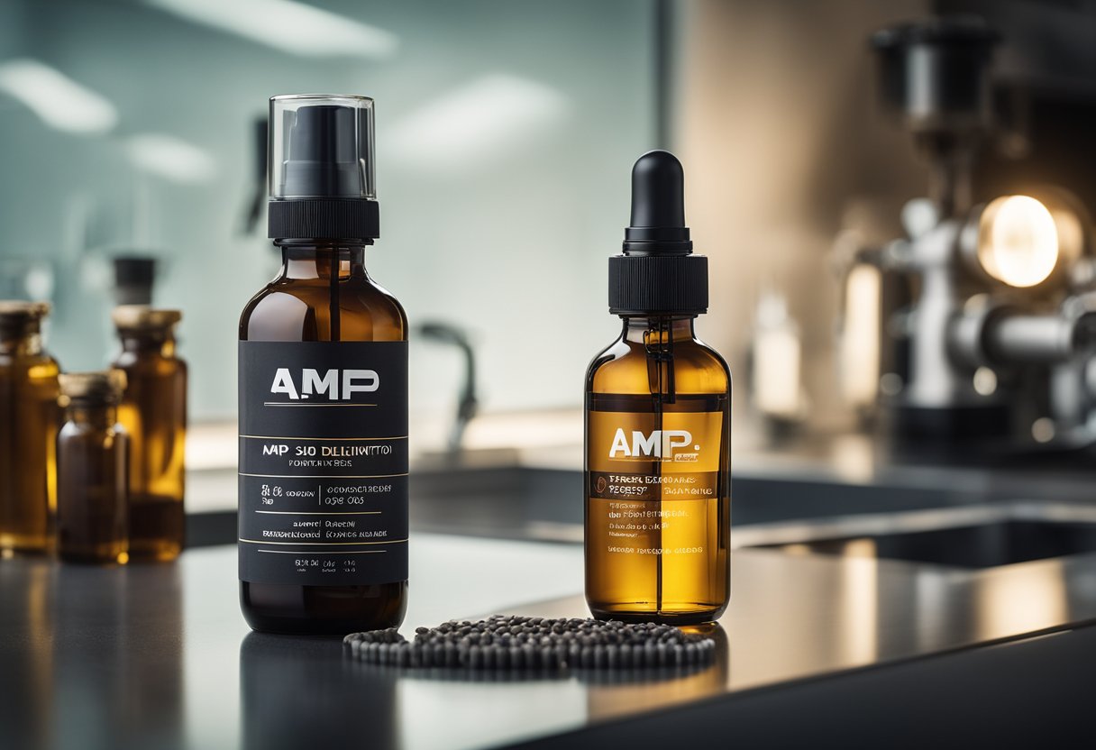 A bottle of AMP-303 sits on a sleek, modern countertop, surrounded by scientific equipment and vials of hair follicles