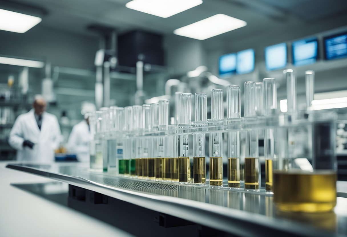 A laboratory setting with test tubes and scientific equipment, with a vial of AMP-303 prominently displayed on a clean, white countertop