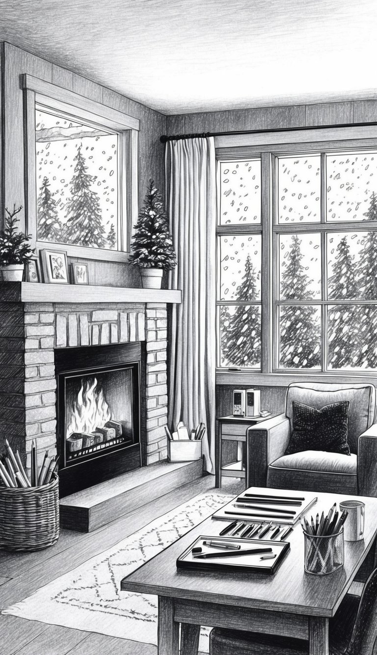 Too Cold to Go Outside? 16 Easy Drawing Ideas That Will Keep Your Kids Busy All Weekend 2 A cozy living room with a crackling fireplace, a big window showing snow falling outside, and a table with art supplies ready for drawing