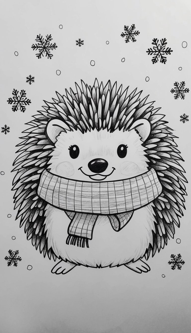 Too Cold to Go Outside? 16 Easy Drawing Ideas That Will Keep Your Kids Busy All Weekend 4 A cute hedgehog drawing with a cozy scarf and snowflakes falling around it