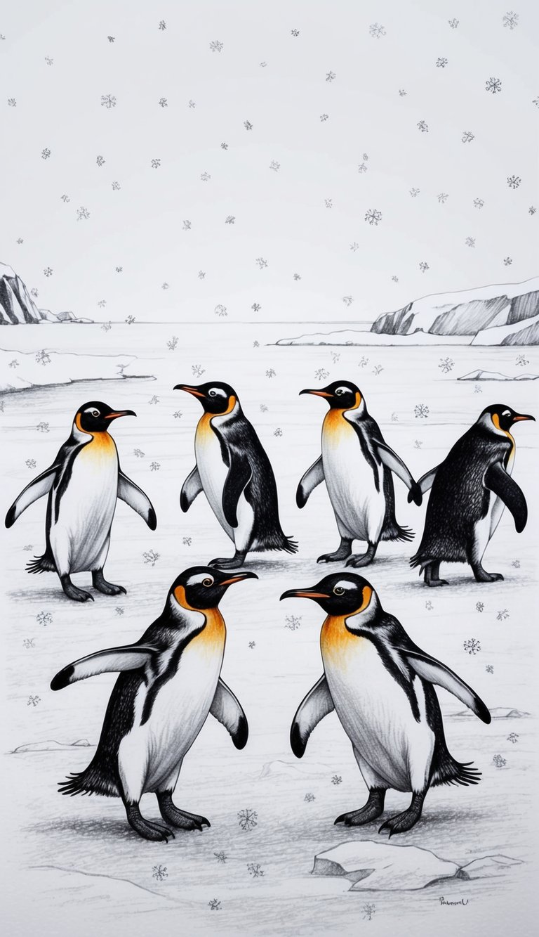 Too Cold to Go Outside? 16 Easy Drawing Ideas That Will Keep Your Kids Busy All Weekend 6 A group of penguins waddling on ice with snowflakes falling around them