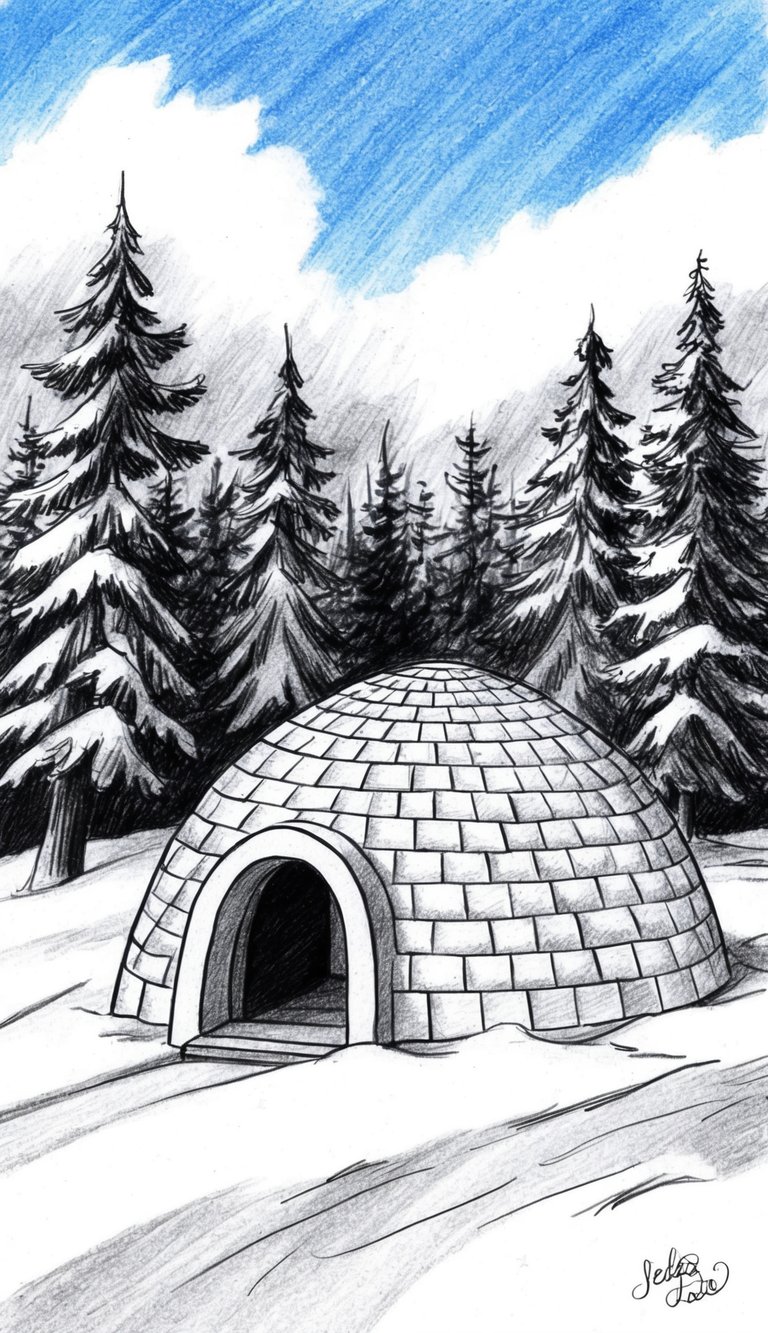 Too Cold to Go Outside? 16 Easy Drawing Ideas That Will Keep Your Kids Busy All Weekend 7 A cozy igloo nestled in a snowy landscape, surrounded by pine trees and a clear blue sky