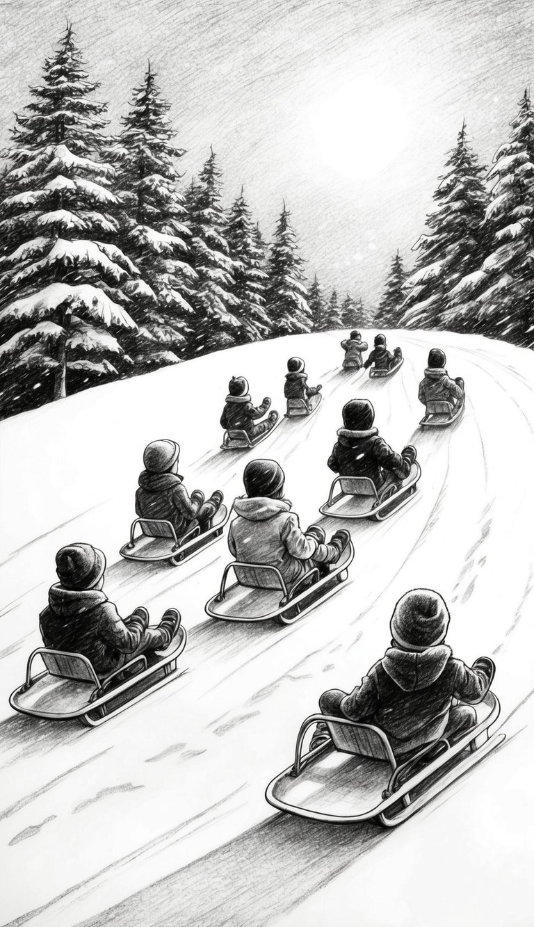 Too Cold to Go Outside? 16 Easy Drawing Ideas That Will Keep Your Kids Busy All Weekend 8 A group of kids sled down a snowy hill, surrounded by trees and a bright, wintry sky