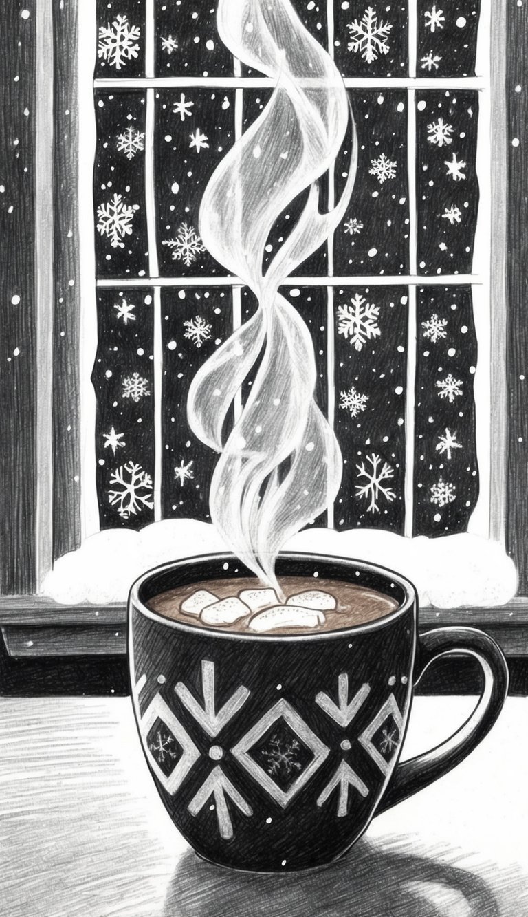 Too Cold to Go Outside? 16 Easy Drawing Ideas That Will Keep Your Kids Busy All Weekend 9 A cozy mug of hot cocoa sits on a table, steam rising from the rich brown liquid. Snowflakes fall outside the window, creating a wintry scene