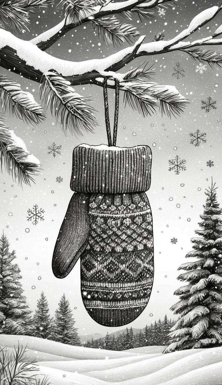 Too Cold to Go Outside? 16 Easy Drawing Ideas That Will Keep Your Kids Busy All Weekend 10 A cozy mitten hanging from a snowy tree branch, surrounded by falling snowflakes and a winter landscape