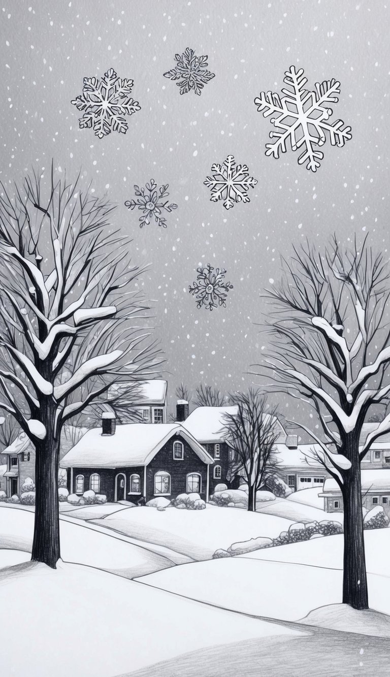 Too Cold to Go Outside? 16 Easy Drawing Ideas That Will Keep Your Kids Busy All Weekend 11 A group of playful snowflakes falling gently onto a snowy landscape, with trees and houses covered in a blanket of white