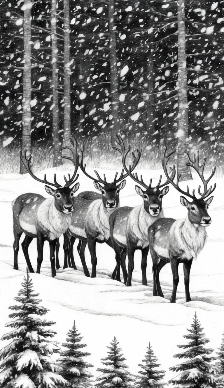 Too Cold to Go Outside? 16 Easy Drawing Ideas That Will Keep Your Kids Busy All Weekend 13 A group of reindeer standing in a snowy forest, with snowflakes falling gently around them