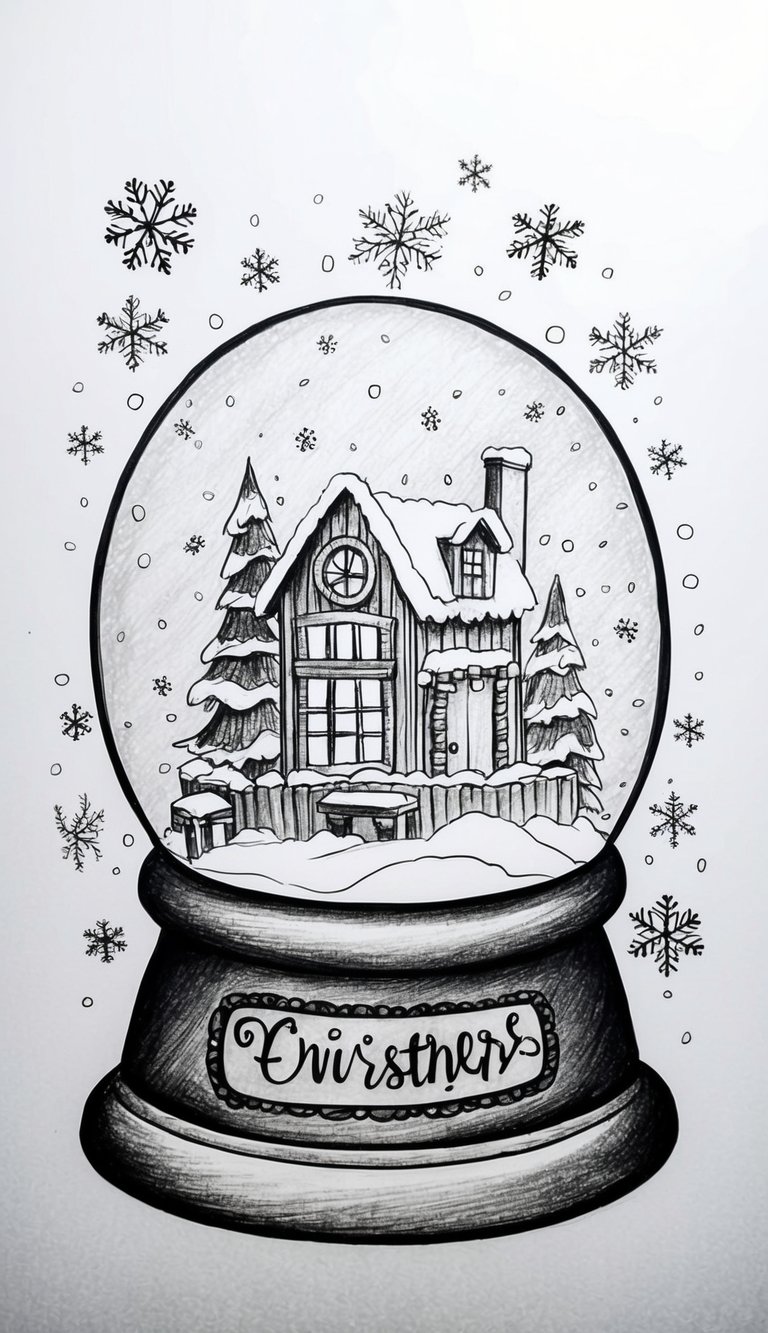 Too Cold to Go Outside? 16 Easy Drawing Ideas That Will Keep Your Kids Busy All Weekend 15 A snow globe with a winter scene inside, surrounded by snowflakes and a cozy setting