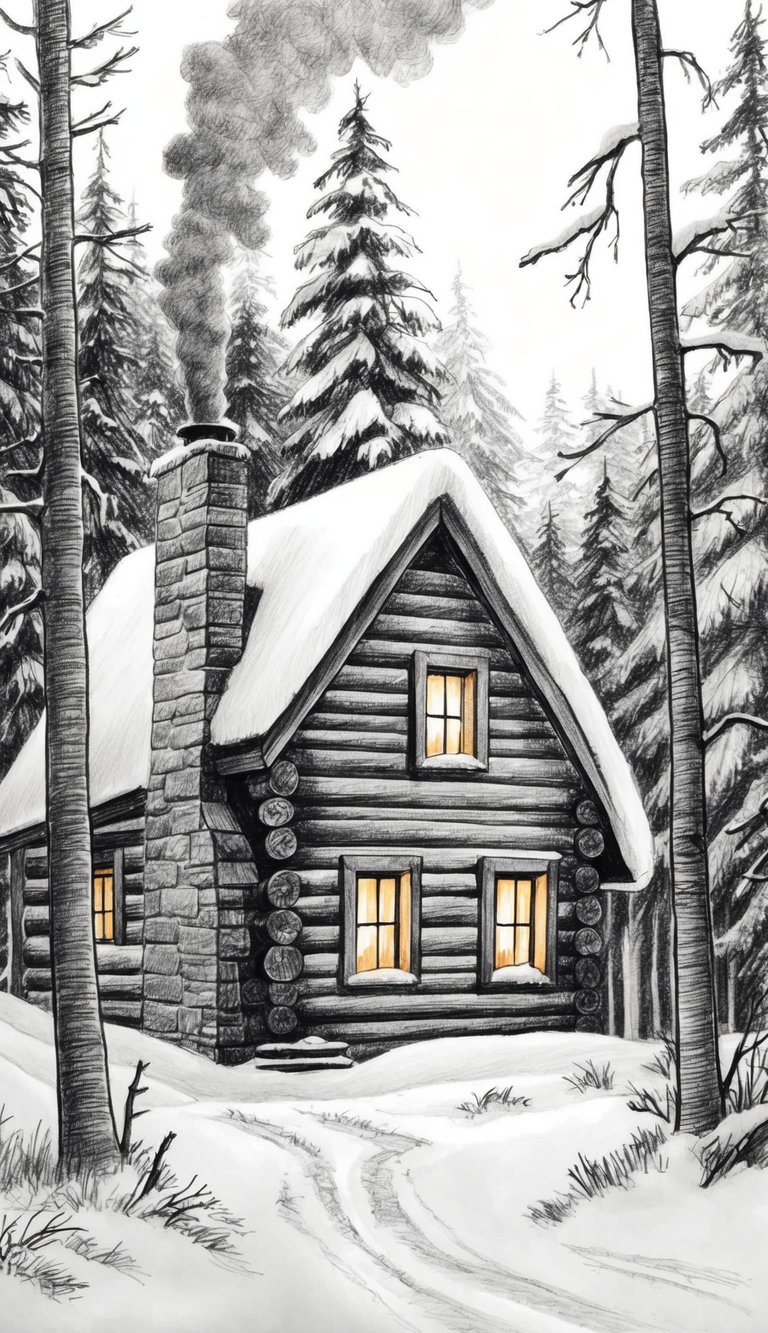 Too Cold to Go Outside? 16 Easy Drawing Ideas That Will Keep Your Kids Busy All Weekend 17 A cozy cabin nestled in a snowy forest, smoke curling from the chimney, with a warm glow emanating from the windows
