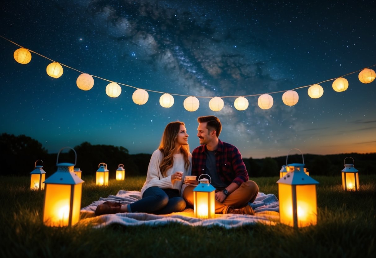 A couple picnicking under a starry sky, surrounded by glowing lanterns and a cozy blanket
