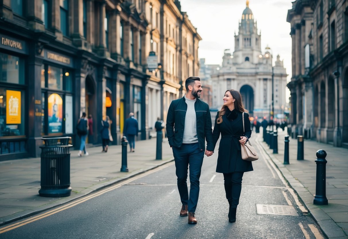 A couple strolling along the historic streets of Liverpool, passing by iconic landmarks and enjoying the vibrant atmosphere