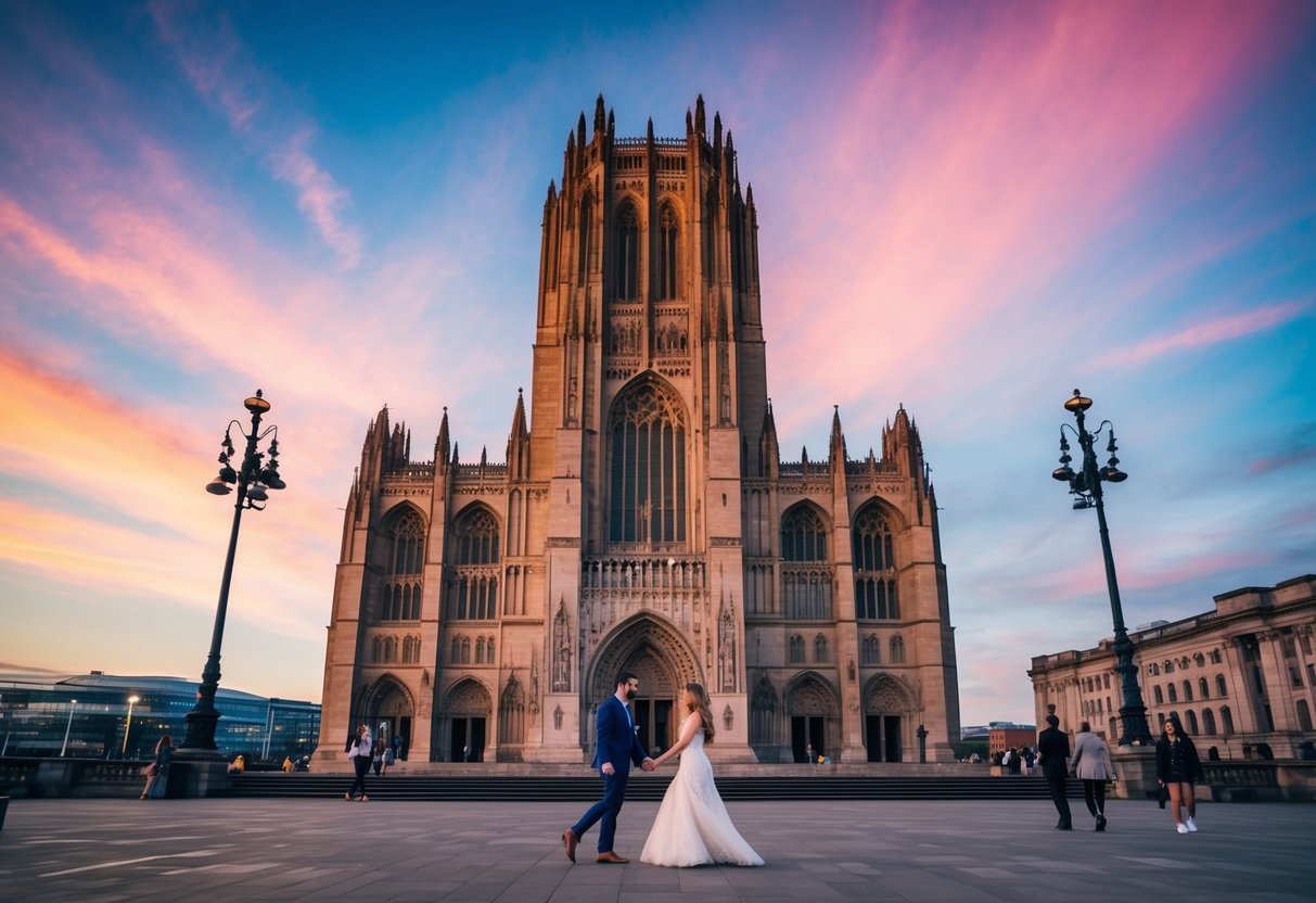 The grand Liverpool Cathedral stands tall against a colorful sunset sky, with couples strolling hand in hand around its magnificent exterior