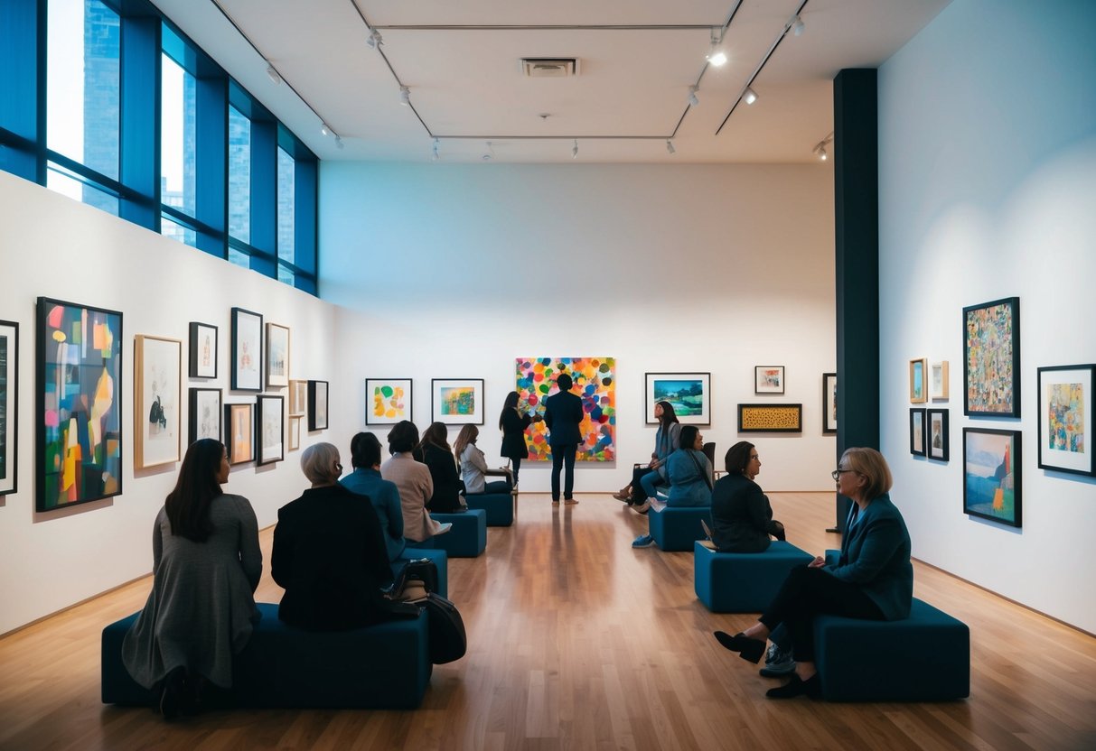A vibrant gallery space filled with diverse artworks, natural light streaming in through large windows, and visitors quietly admiring the pieces