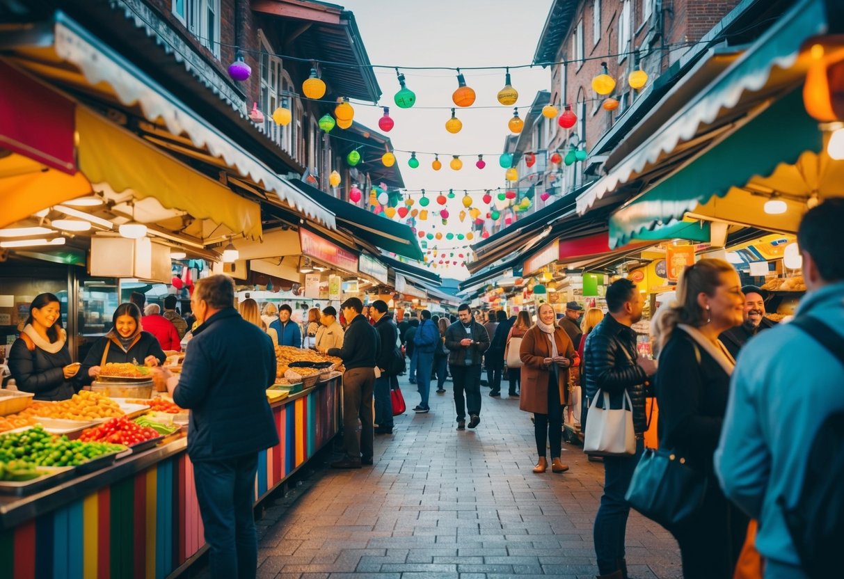 A bustling market with colorful food stalls, live music, and people enjoying a lively atmosphere