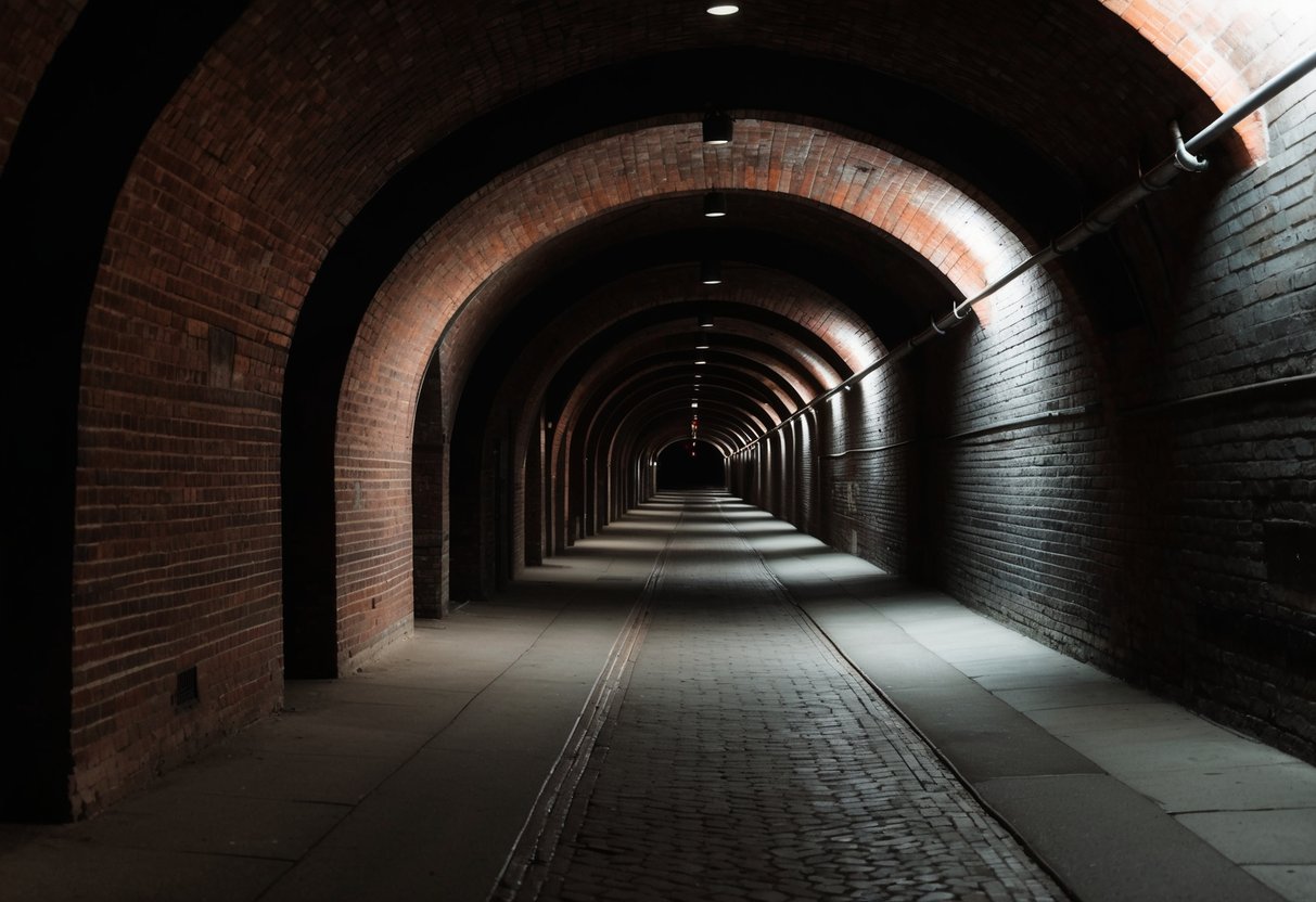 A dimly lit tunnel with arched brick ceilings and mysterious passageways