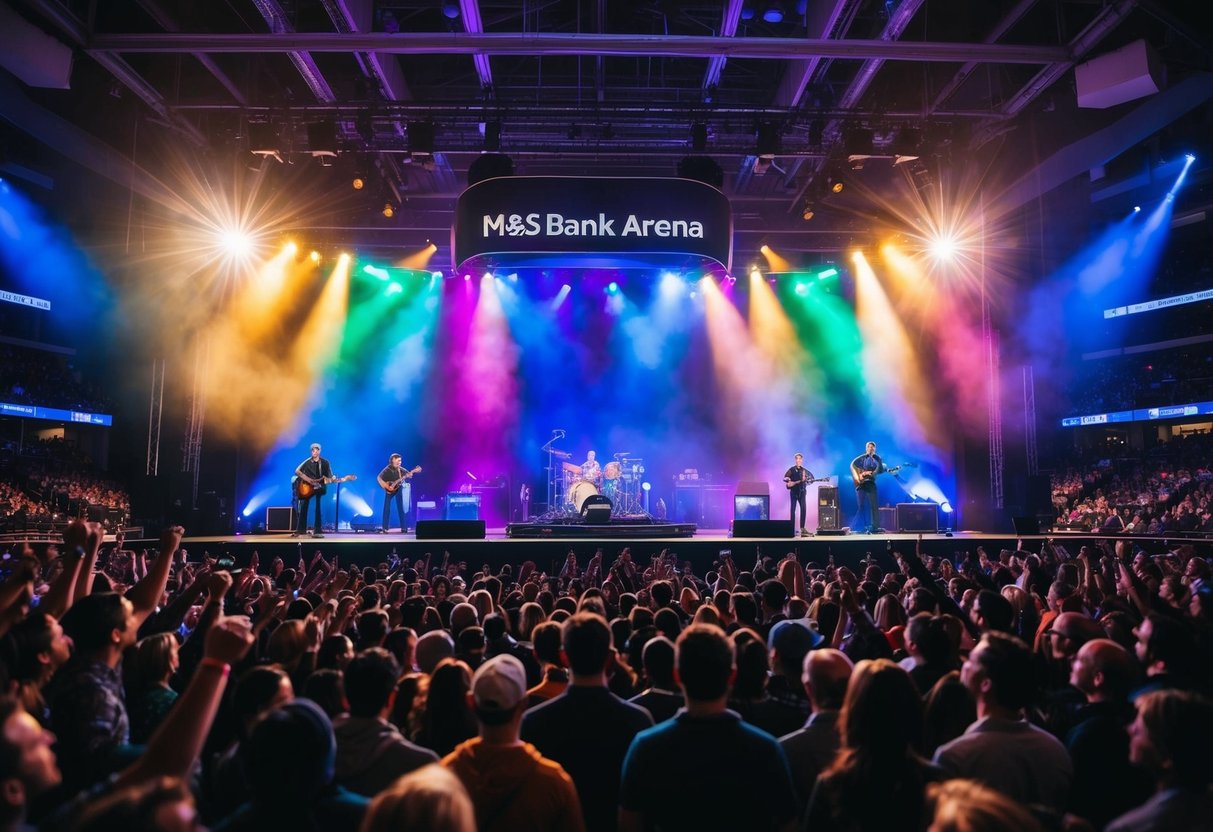 Crowd cheering, colorful lights, and a stage with musicians performing at M&S Bank Arena