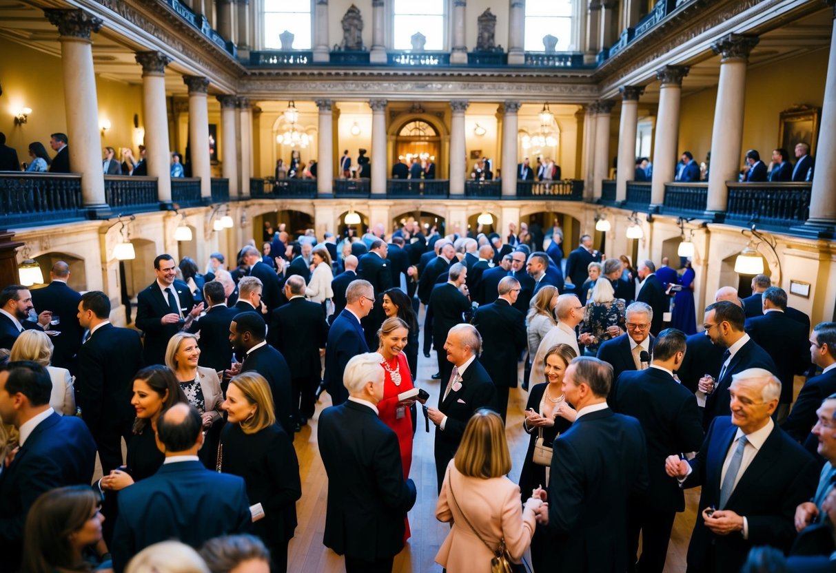 A grand event at St George's Hall with people mingling in the ornate, historic surroundings