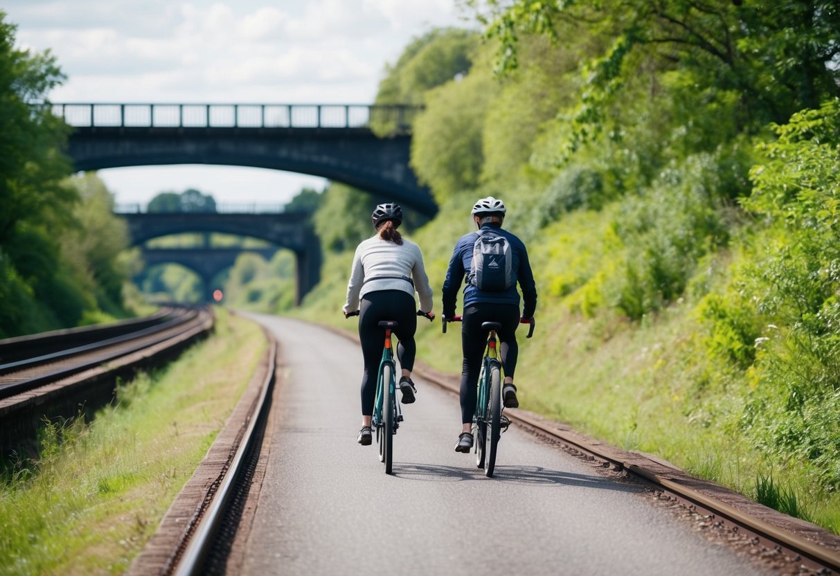 A couple cycles along the tree-lined Liverpool Loop Line, passing by old railway bridges and lush greenery