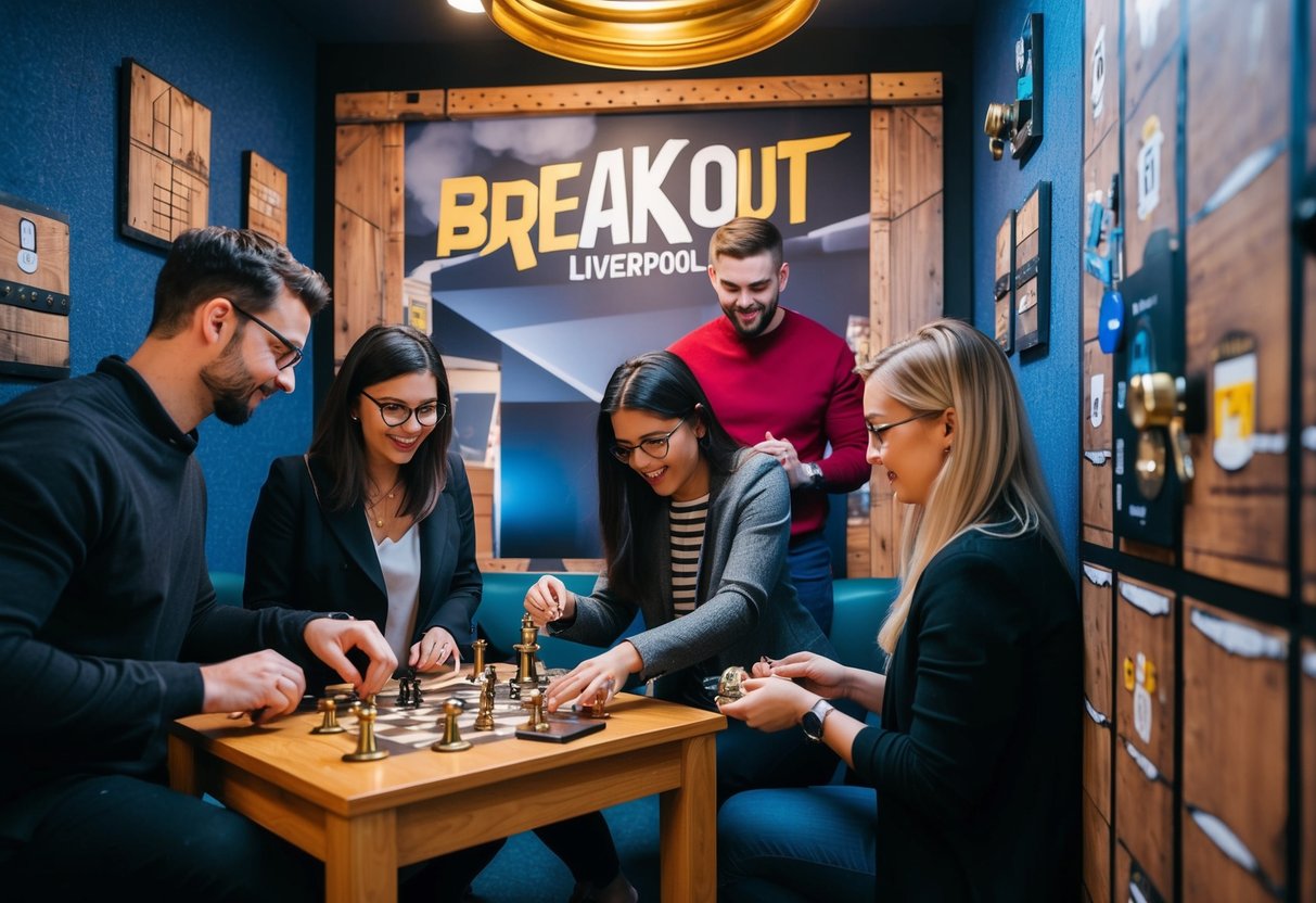 A group solves puzzles in a themed room at Breakout Liverpool, surrounded by locks, keys, and hidden clues