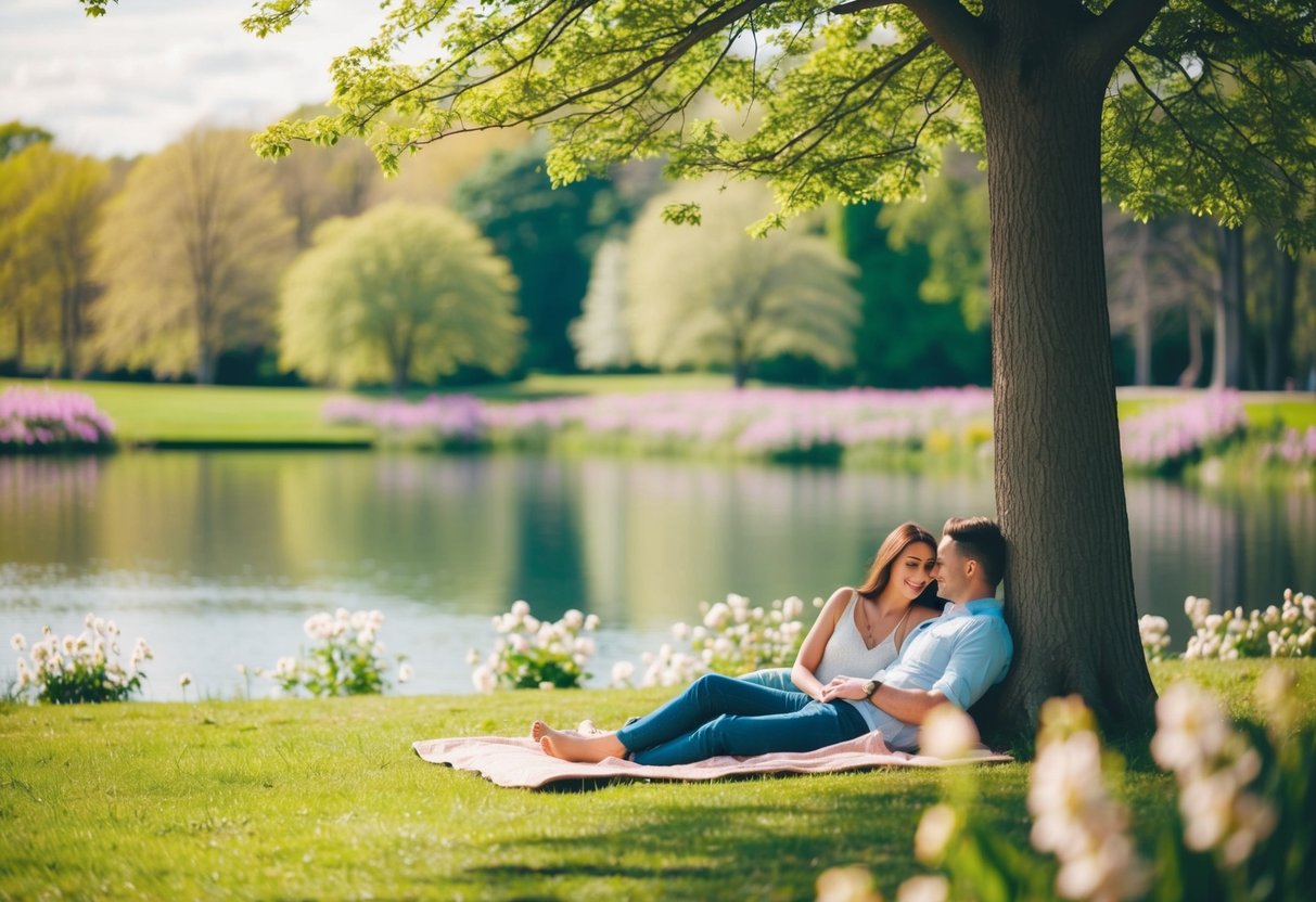 A tranquil scene at Calderstones Park: A couple lounging on a blanket under a shady tree, surrounded by blooming flowers and a serene lake