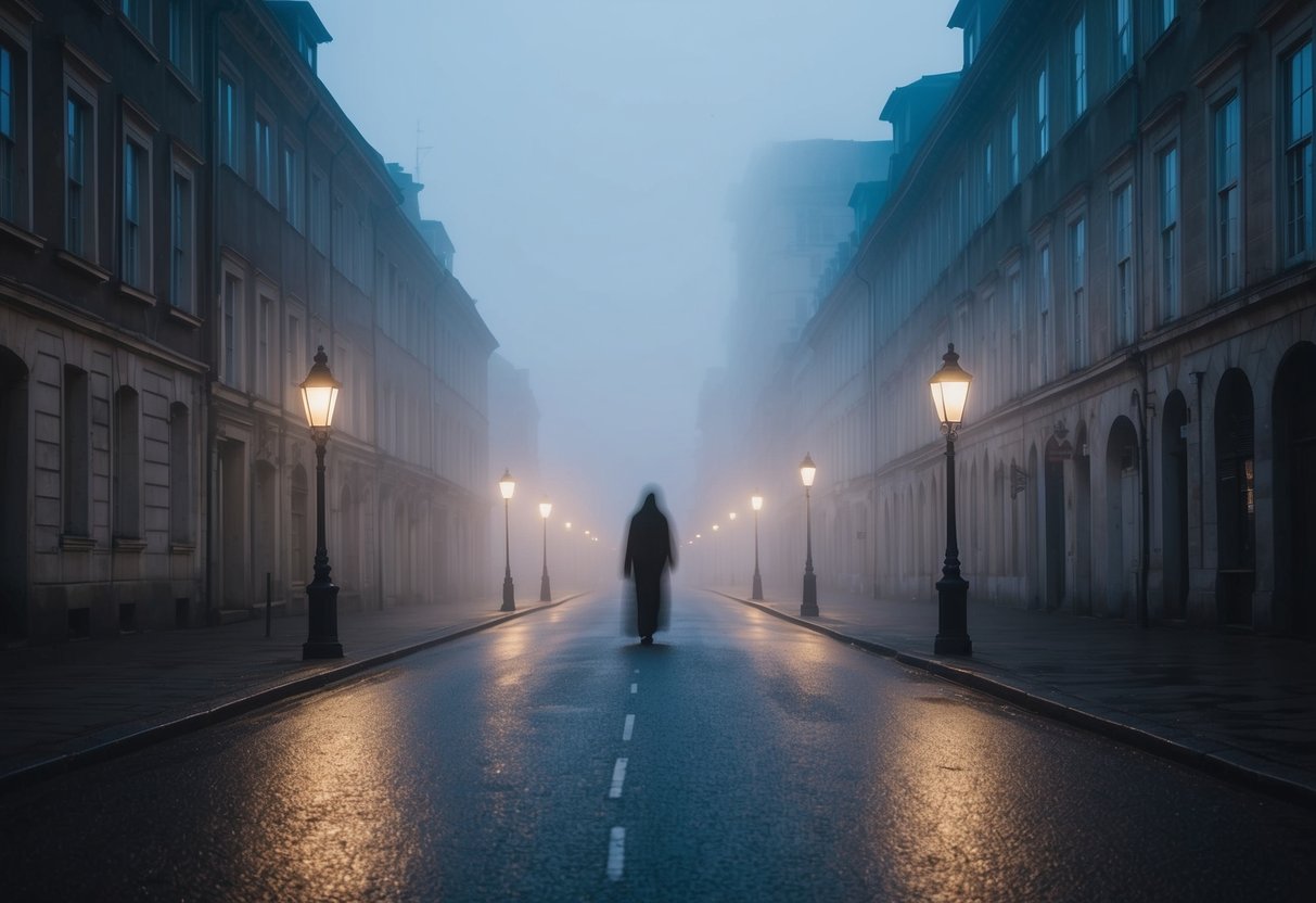 A foggy city street lined with old buildings, dimly lit by street lamps, as a ghostly figure drifts past