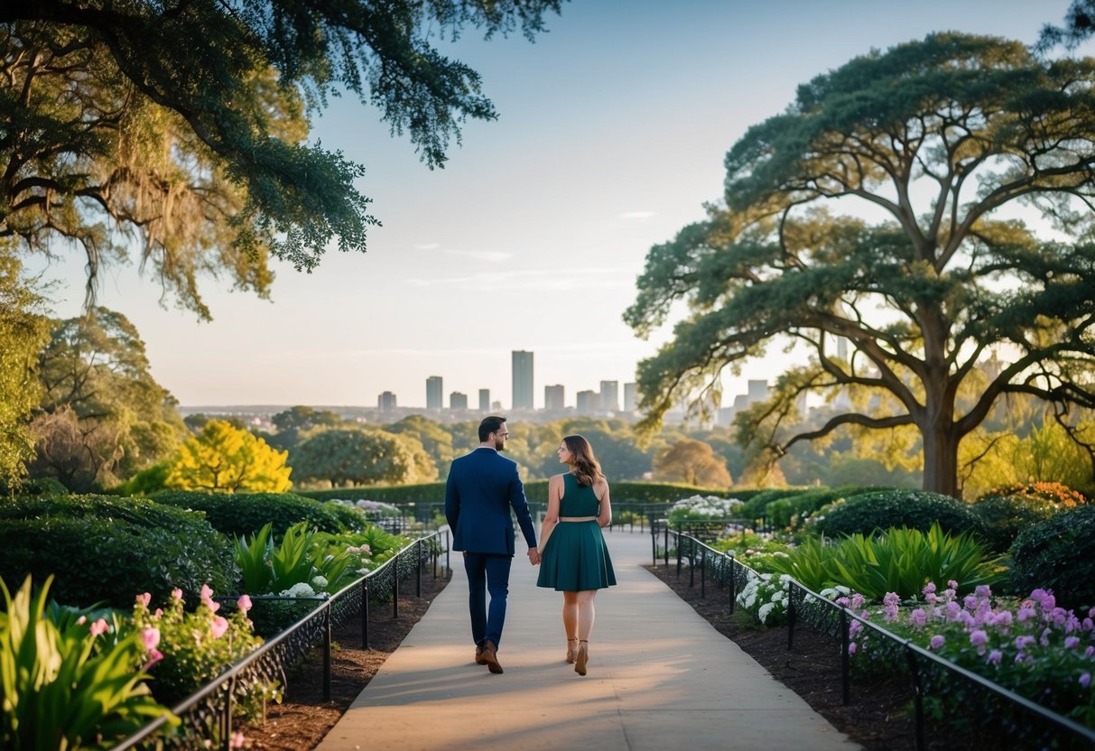 A couple strolls through Everton Park, surrounded by lush greenery and blooming flowers, with a view of the city skyline in the distance