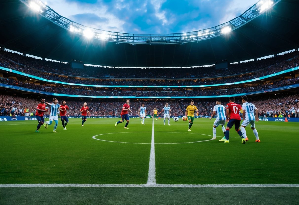 A crowded stadium with cheering fans, green grass, and two teams playing soccer under the bright stadium lights