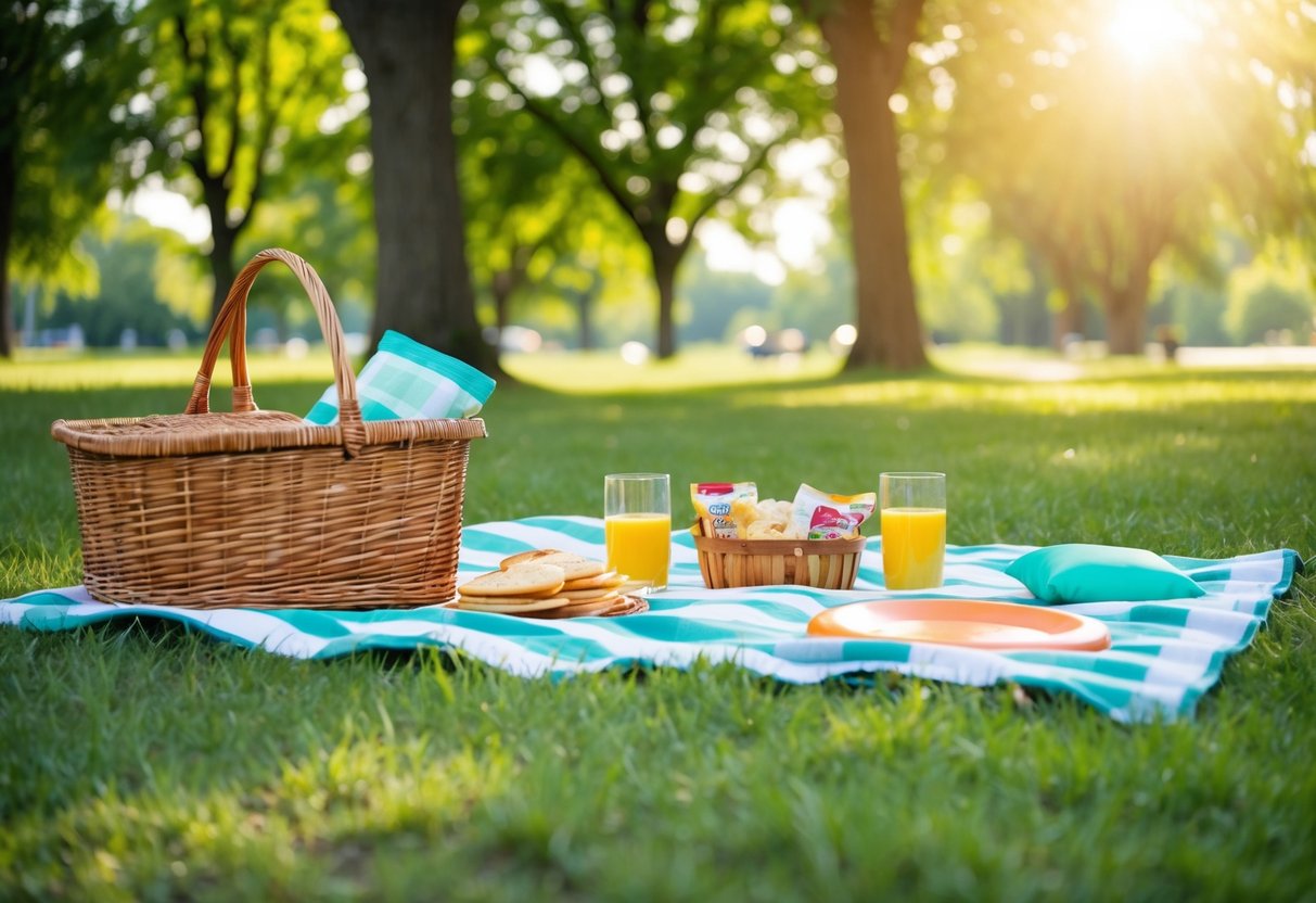 A picnic in the park with a blanket, basket of snacks, and a frisbee lying on the grass. Sunshine and greenery all around