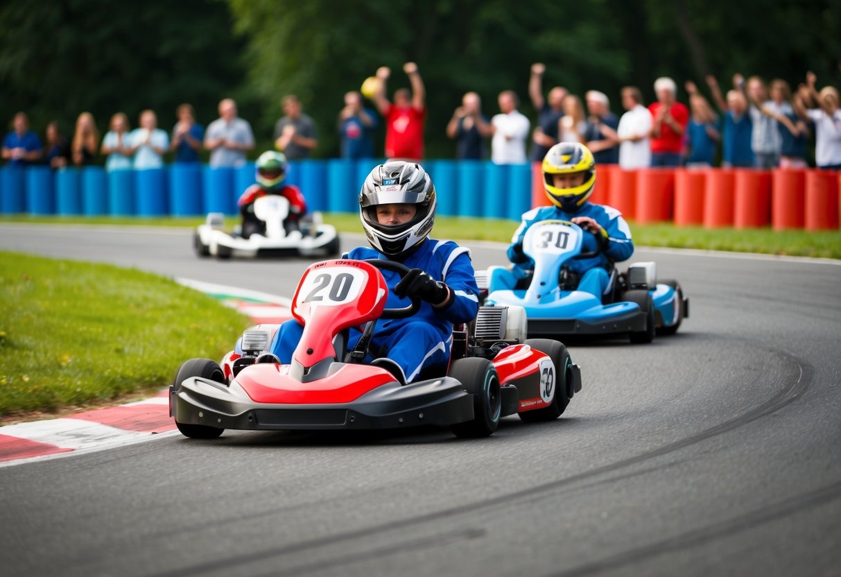 Teens race go-karts around a track, zooming past colorful barriers and cheering spectators