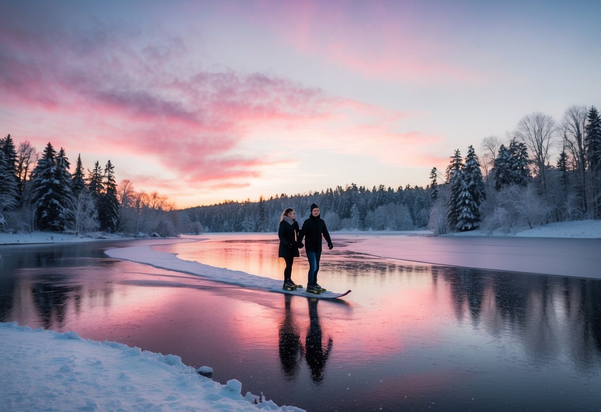 A couple glides across a frozen pond, surrounded by snow-covered trees and a pink and purple sunset