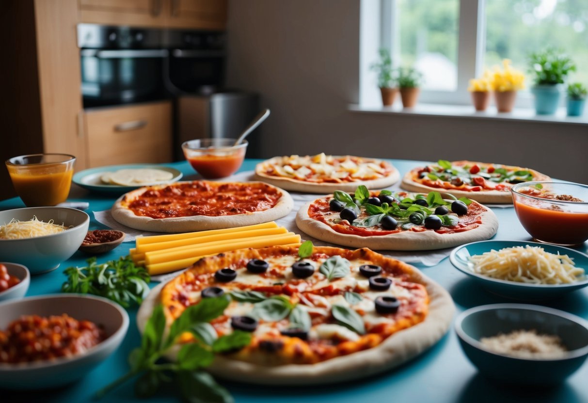 A colorful spread of pizza ingredients on a table, with dough, sauce, cheese, and various toppings ready for a DIY pizza night
