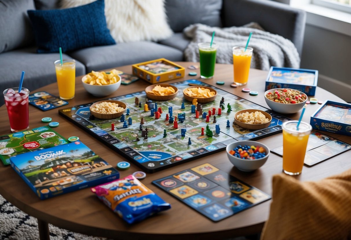 A table with various board games spread out, surrounded by snacks and drinks, with a cozy blanket and pillows for comfort