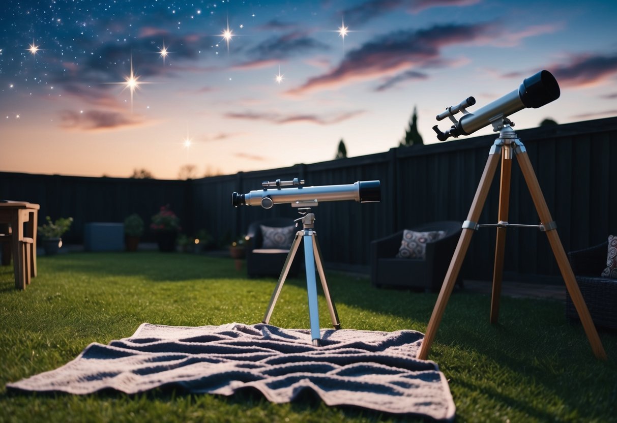 A cozy backyard with a blanket spread out, a telescope pointed towards the sky, and twinkling stars overhead