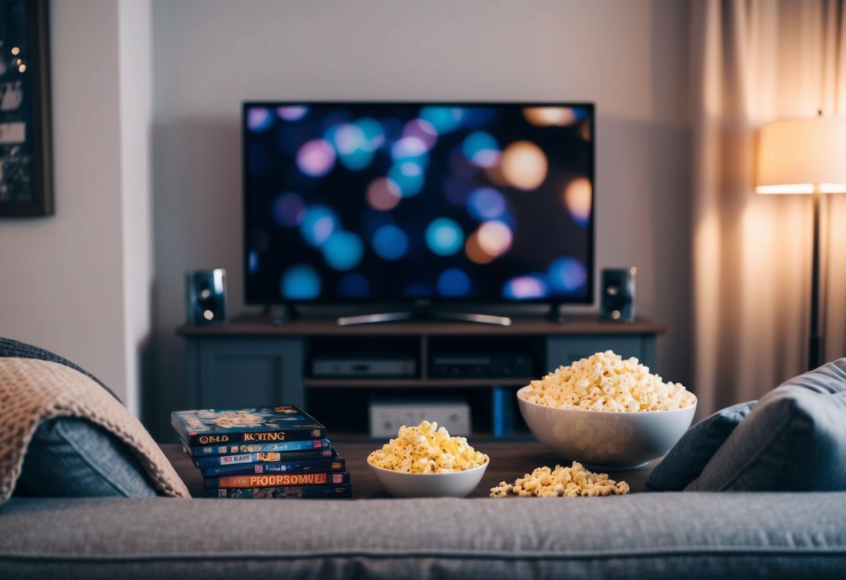 A cozy living room with a big screen TV, a pile of blankets, and a bowl of popcorn. The lights are dimmed, and a stack of DVDs is ready to go