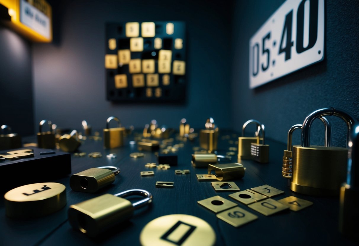 A dimly lit room filled with puzzles, locks, and hidden clues. A countdown timer on the wall adds to the tension