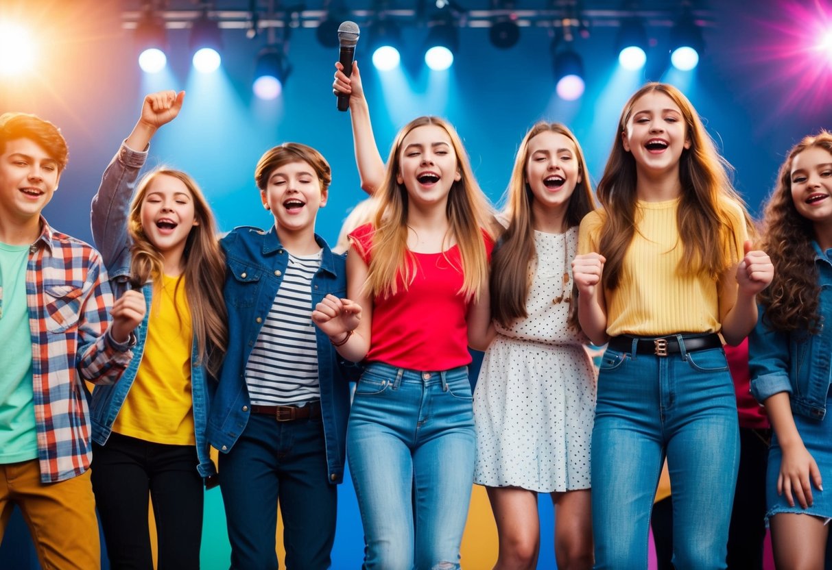 A group of teenagers singing and dancing on a colorful stage with a microphone stand and disco lights