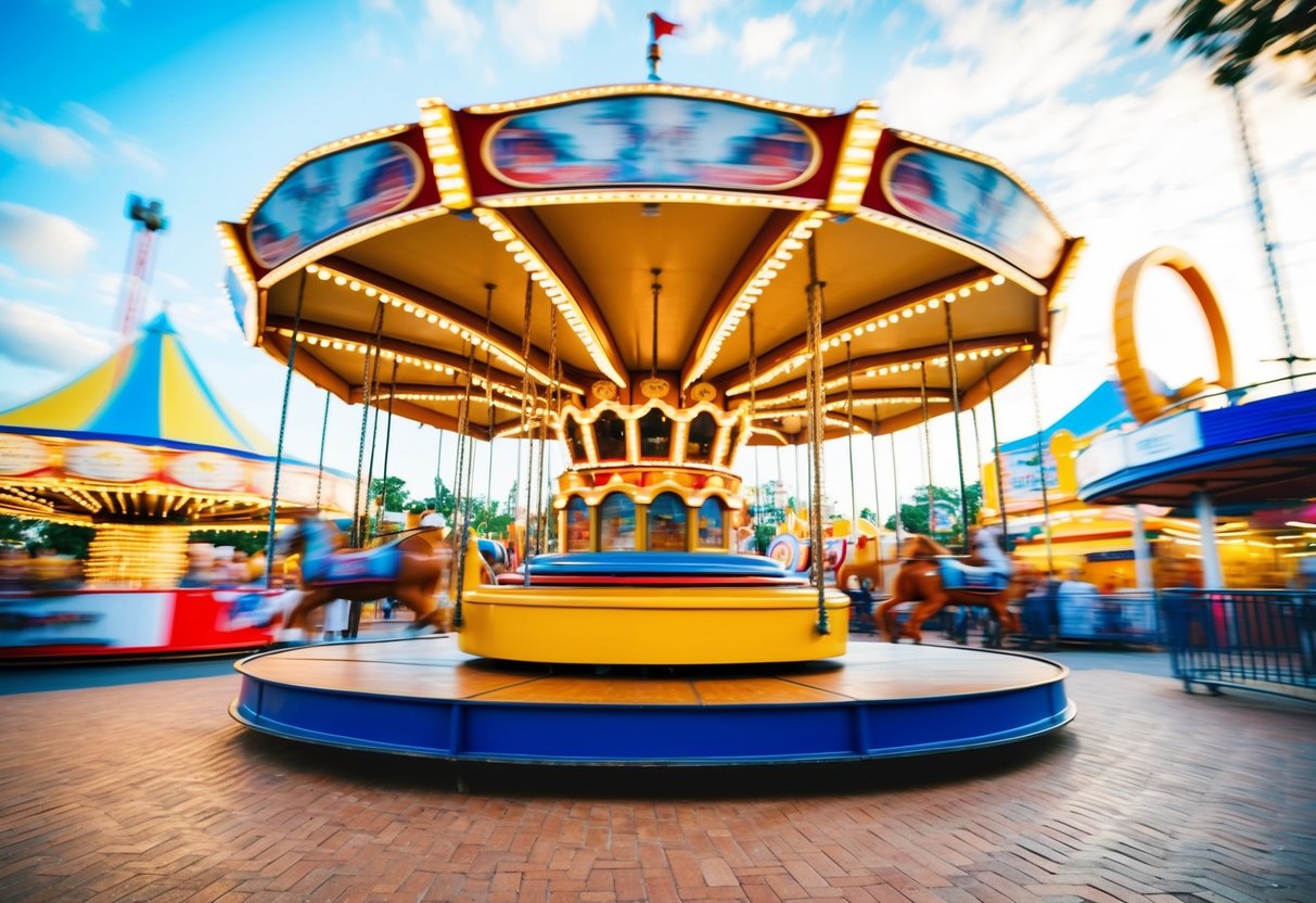 A colorful carousel spins in the center of the amusement park, surrounded by bright lights, laughter, and the sound of thrill rides in motion
