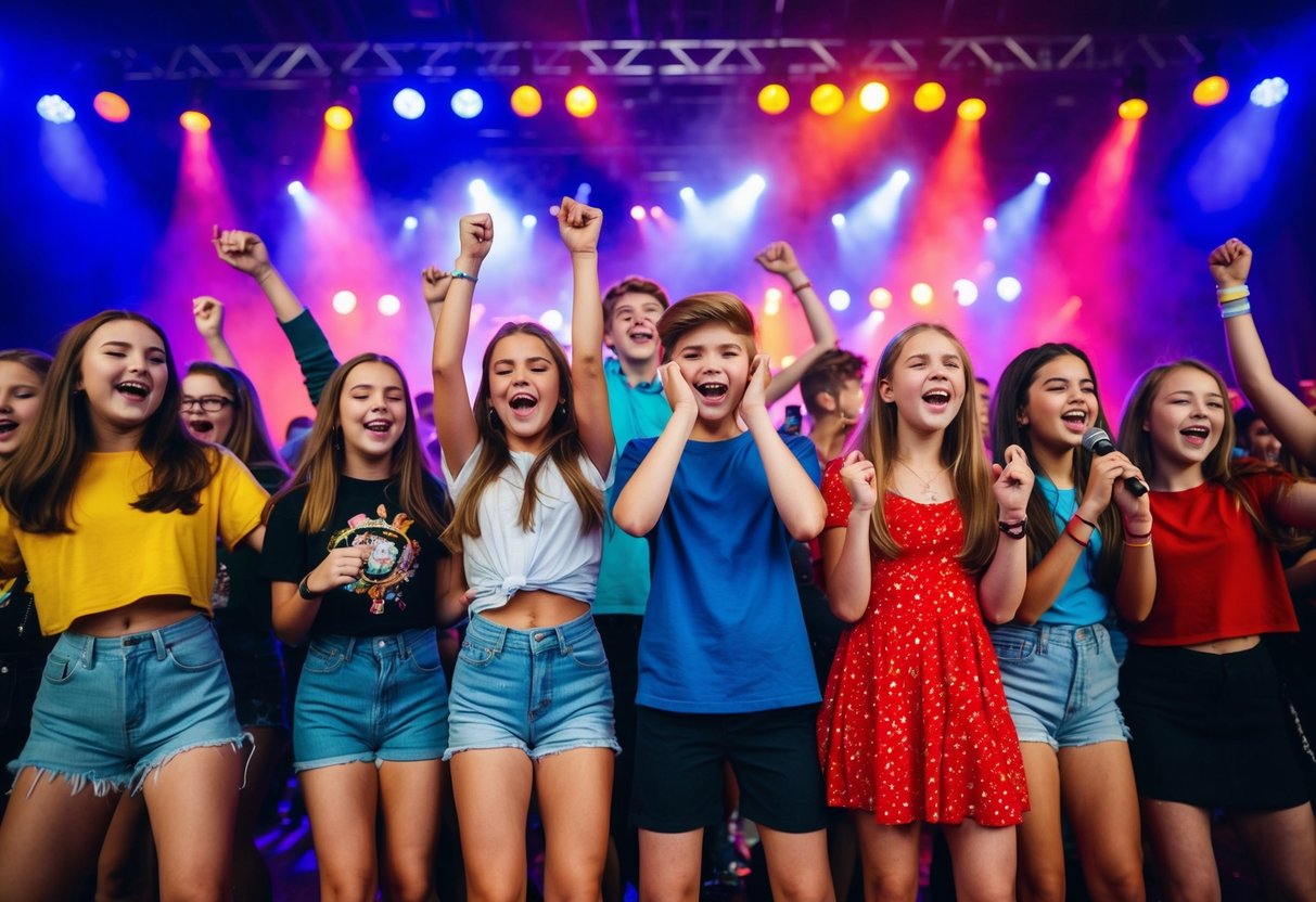 A group of teenagers dance and sing along at a lively youth concert, surrounded by colorful lights and energetic music