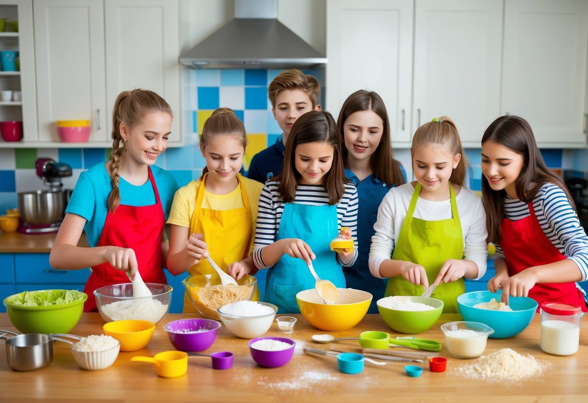A colorful kitchen filled with mixing bowls, measuring cups, and various baking ingredients scattered on the counter. A group of teens eagerly work together to create delicious treats