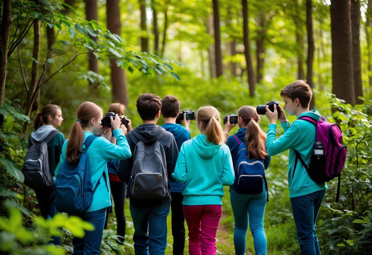 A group of teenagers exploring a lush forest, capturing the vibrant colors of the foliage and the play of light and shadow through their cameras
