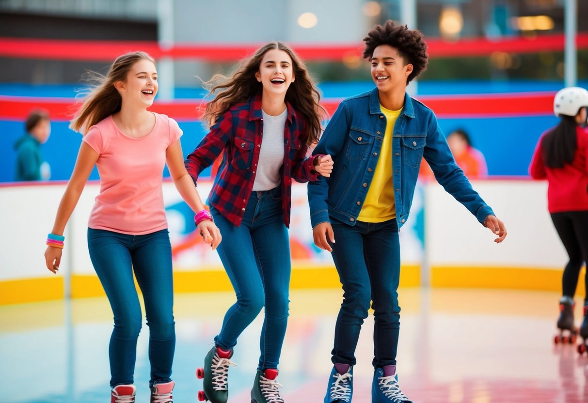 A pair of teenagers roller skate through a colorful, bustling outdoor rink, laughing and enjoying each other's company
