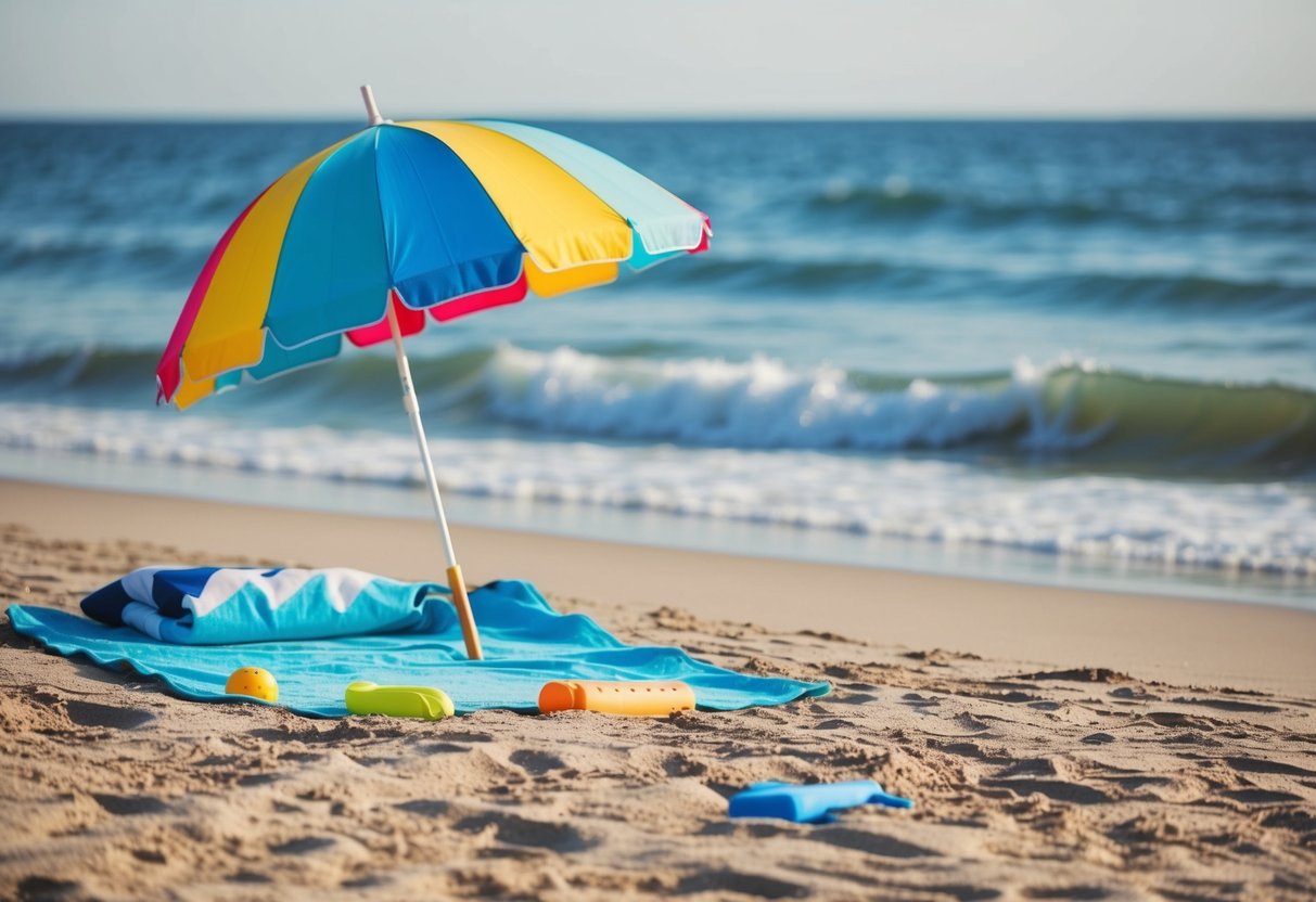 A serene beach with a colorful umbrella, towel, and beach toys scattered on the sand. Waves gently rolling in the background