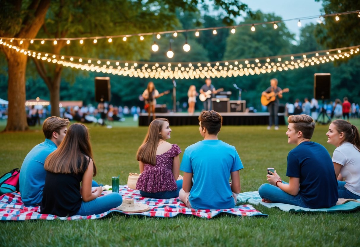 A group of teens sit on picnic blankets in a park, surrounded by twinkling string lights and listening to live music on a stage