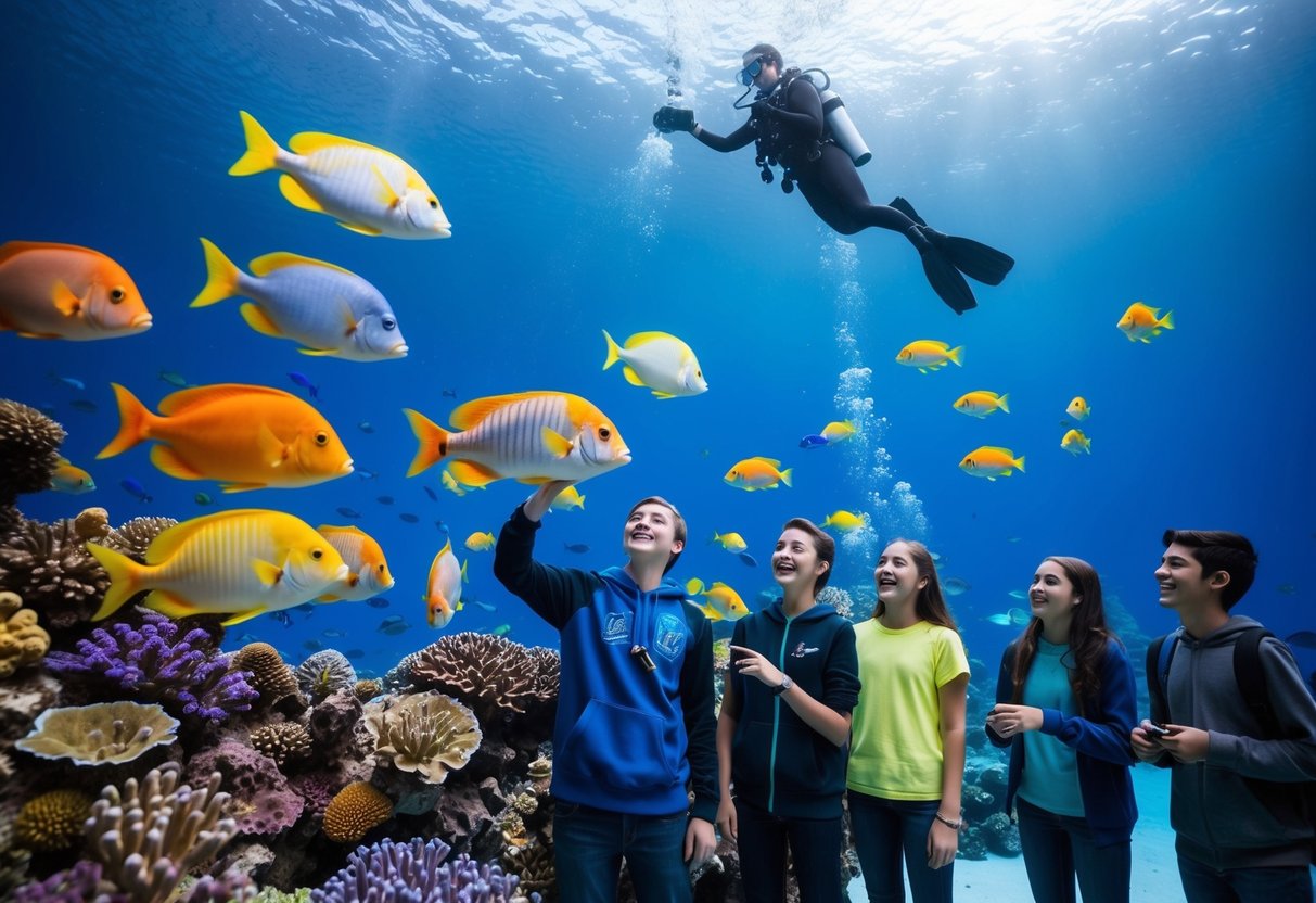 Colorful fish swim through vibrant coral in a large tank, while a diver feeds them from above. A group of teenagers watch in awe, pointing and laughing together